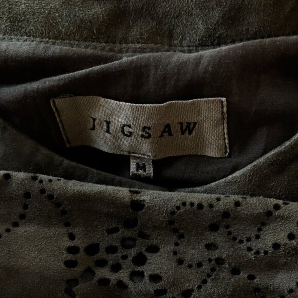 Jigsaw Suede 100% Leather Laser Cut Long Brown Olive Snap Front Coat Jacket M - Picture 7 of 7